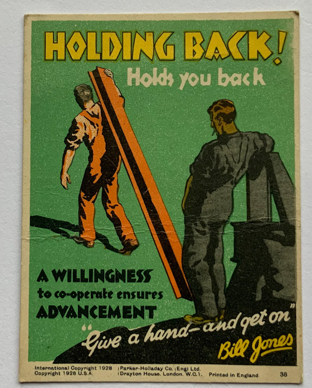 1928 Propaganda card by Parker Halladay USA Holding back Holds you back